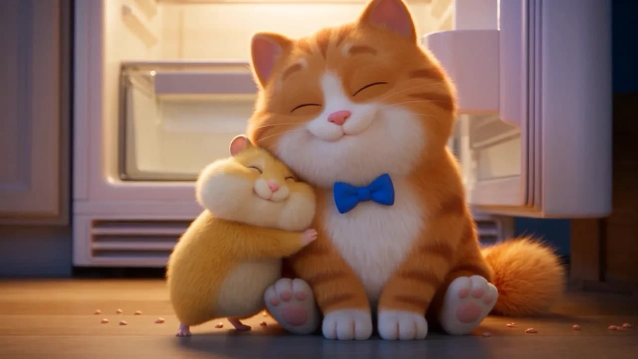 Barsik the cat and Pupa the hamster hugging by the open fridge